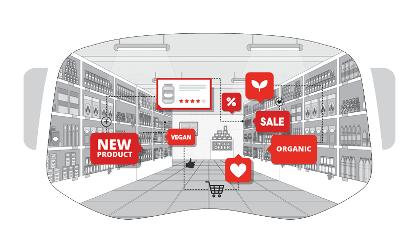 Illustration of Augmented Reality showing virtual information in a supermarket